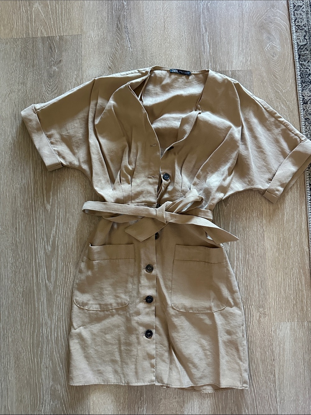 Zara Beige Short Sleeve Button-Front Mini Dress
